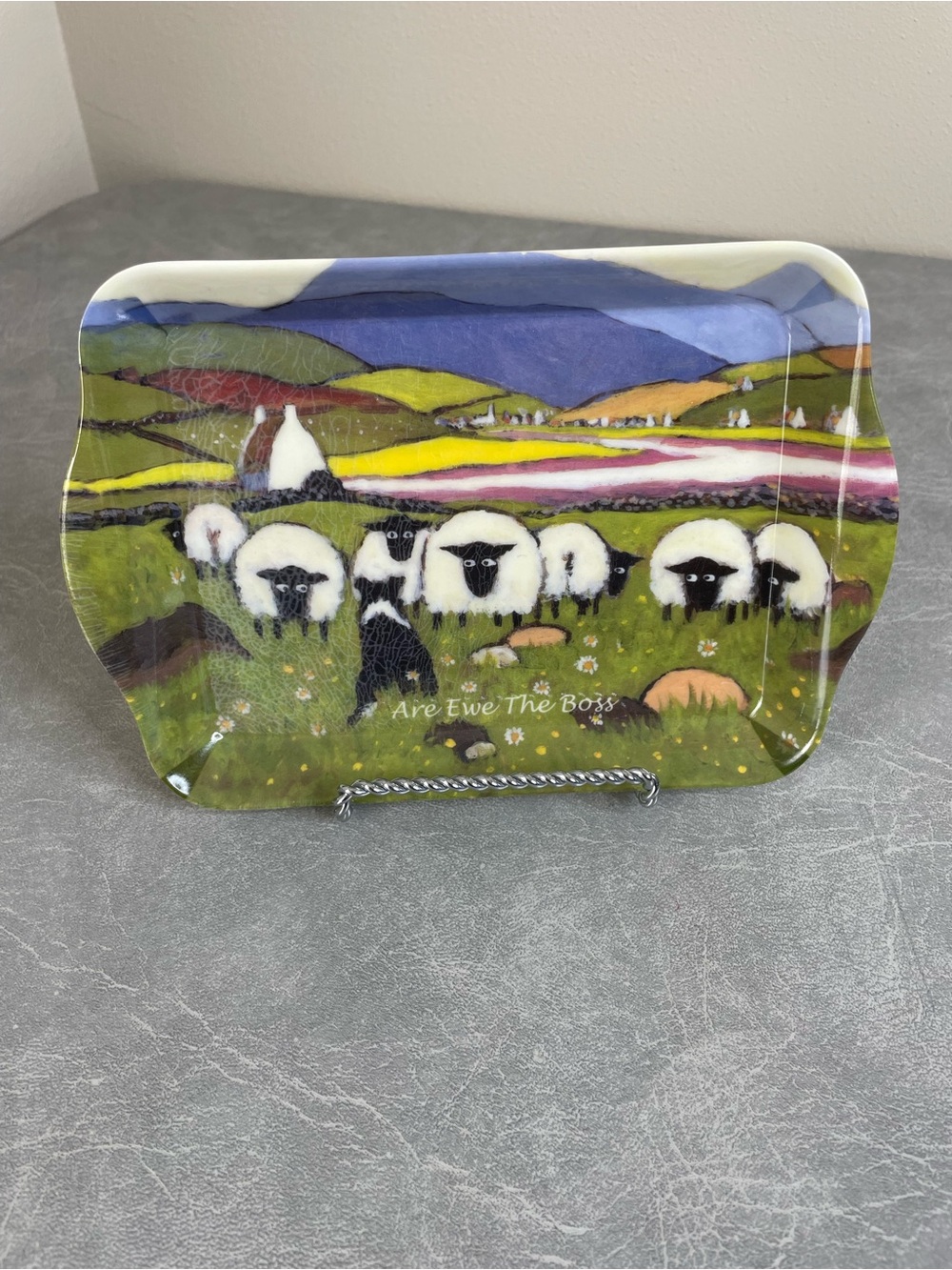 “Are Ewe The Boss” Decorative Melamine Snack Tray — Irish Sheep Pasture Design